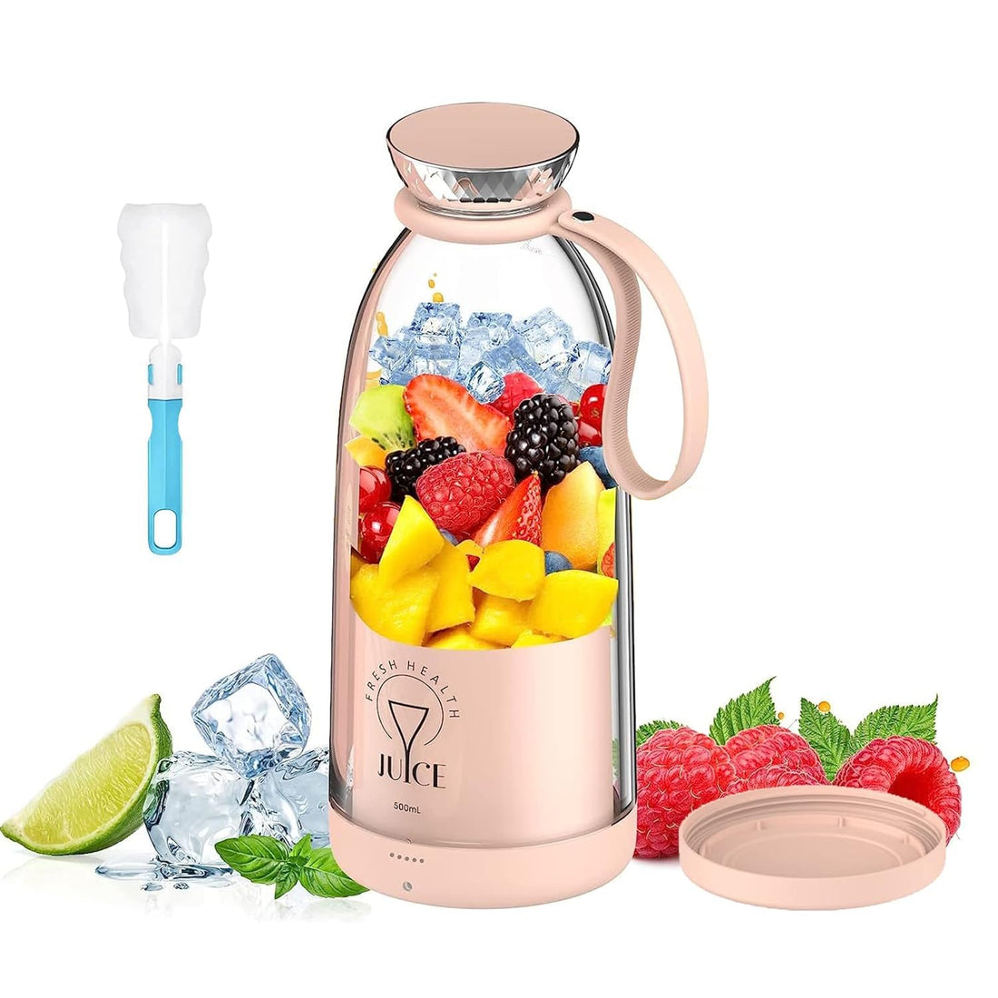 KMVIZI Blender Smoothie Makers, 500 ml Portable Mixer for Smoothies and Shake, Fresh Juice Mixer Bottle with Bottom Lid, 6 Blades and USB Charging Cable, Mixer To Go for Travel, Office, Camping (Rose)