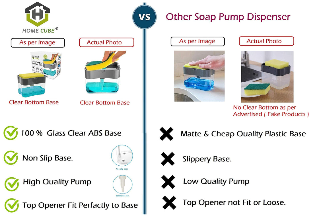 HOME CUBE 2 in 1 Soap Pump plastic Dispenser for Dishwasher Liquid Holder (Clear Bottom Stand 385ml) Free Sponge