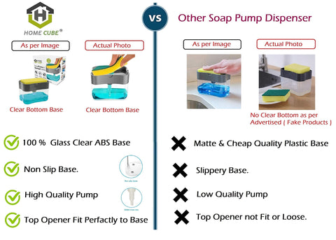 HOME CUBE 2 in 1 Soap Pump plastic Dispenser for Dishwasher Liquid Holder (Clear Bottom Stand 385ml) Free Sponge