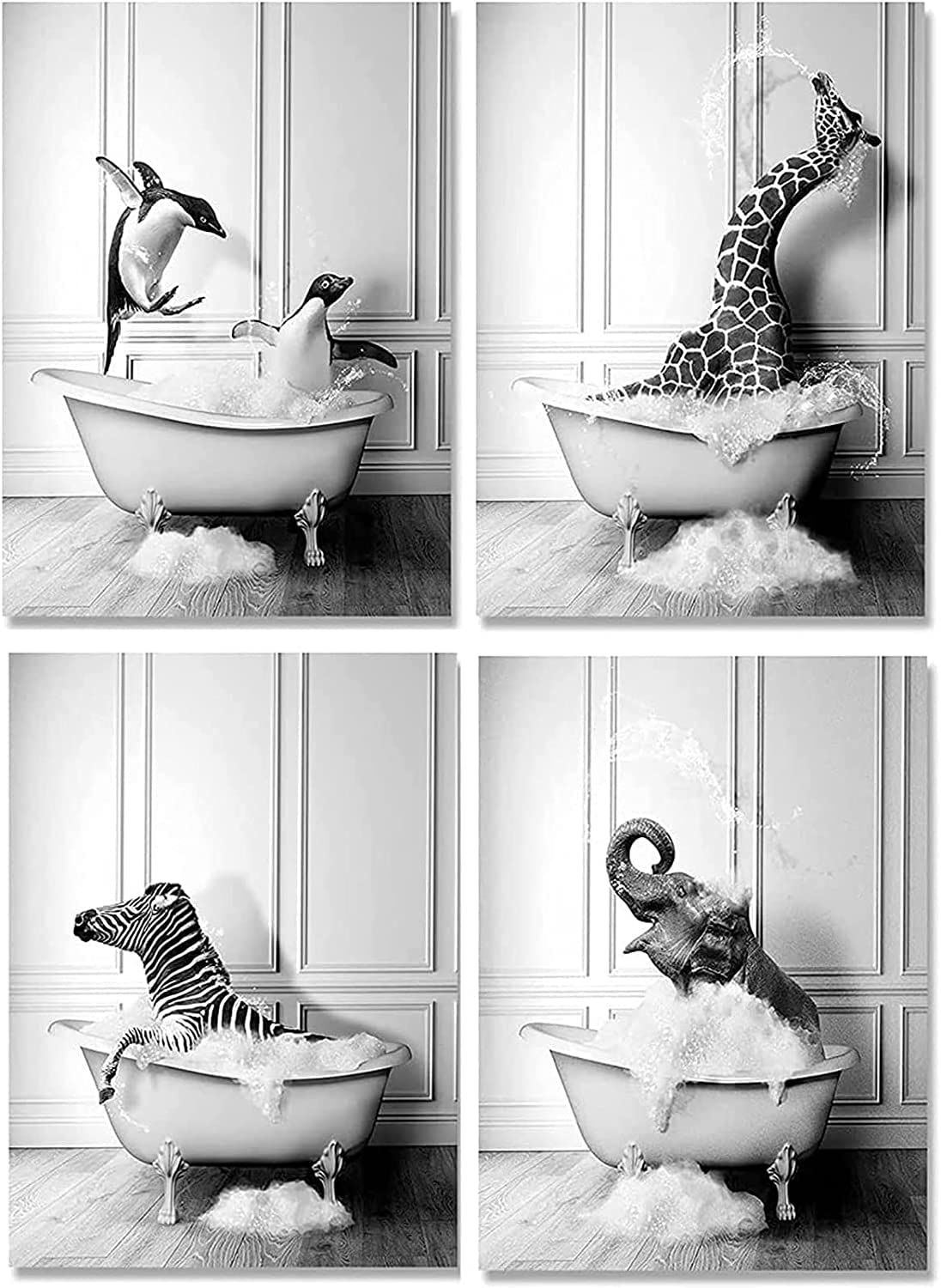 Black White Cute Animal Picture, Animal In The Bath Wall Art Prints Funny Bathroom Pictures Canvas Poster Home Decor - 4 Pieces Without Frame (30 x 40 cm x 4 Pieces)