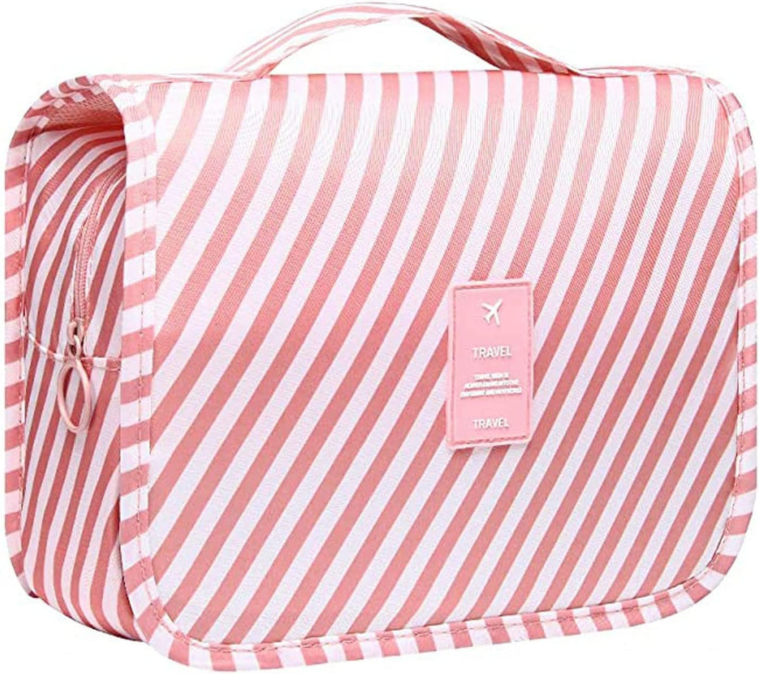 Veyarien Hanging Toiletry Bag Women - Travel Makeup Cosmetic Bag Organizer Foldable Toiletries Bags with Hanging Hook for Travel Size Essentials Accessories (Pink Stripe)