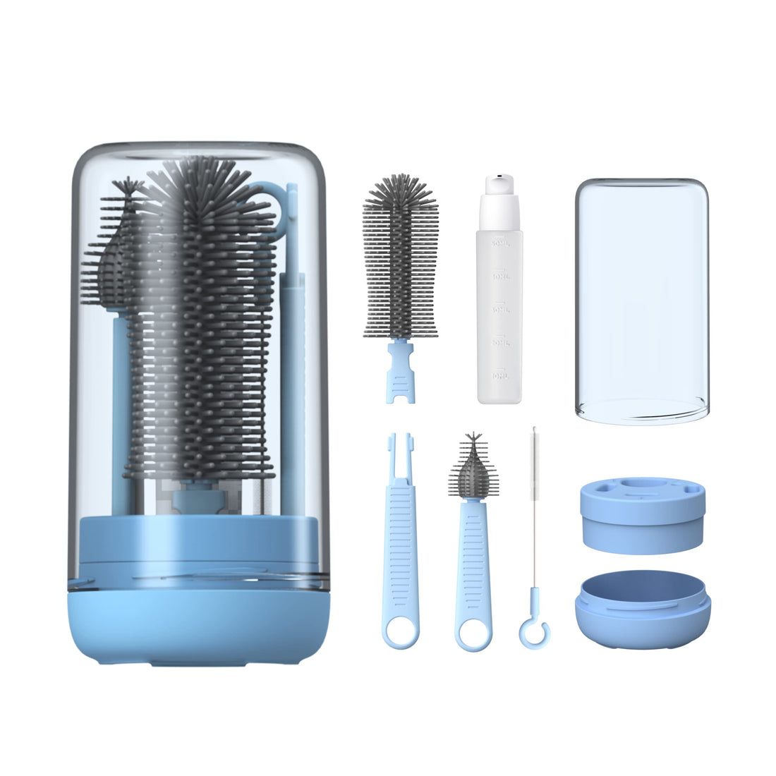 YOTIME Baby Bottle Brush, Travel Bottle Cleaner Kit with Extendable Silicone Bottle Brush, Cleaner Brush, Straw Brush, Soap Dispenser, Dust Cap and Stand, Blue