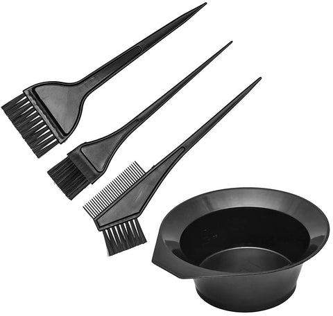 Hair Coloring Dye Brushes with Bowl Kit for Men and Women (Black) - Set of 4 Pieces. A Hair Color Mixing Bowl with 3 Types of Brushes to Color Your Hair