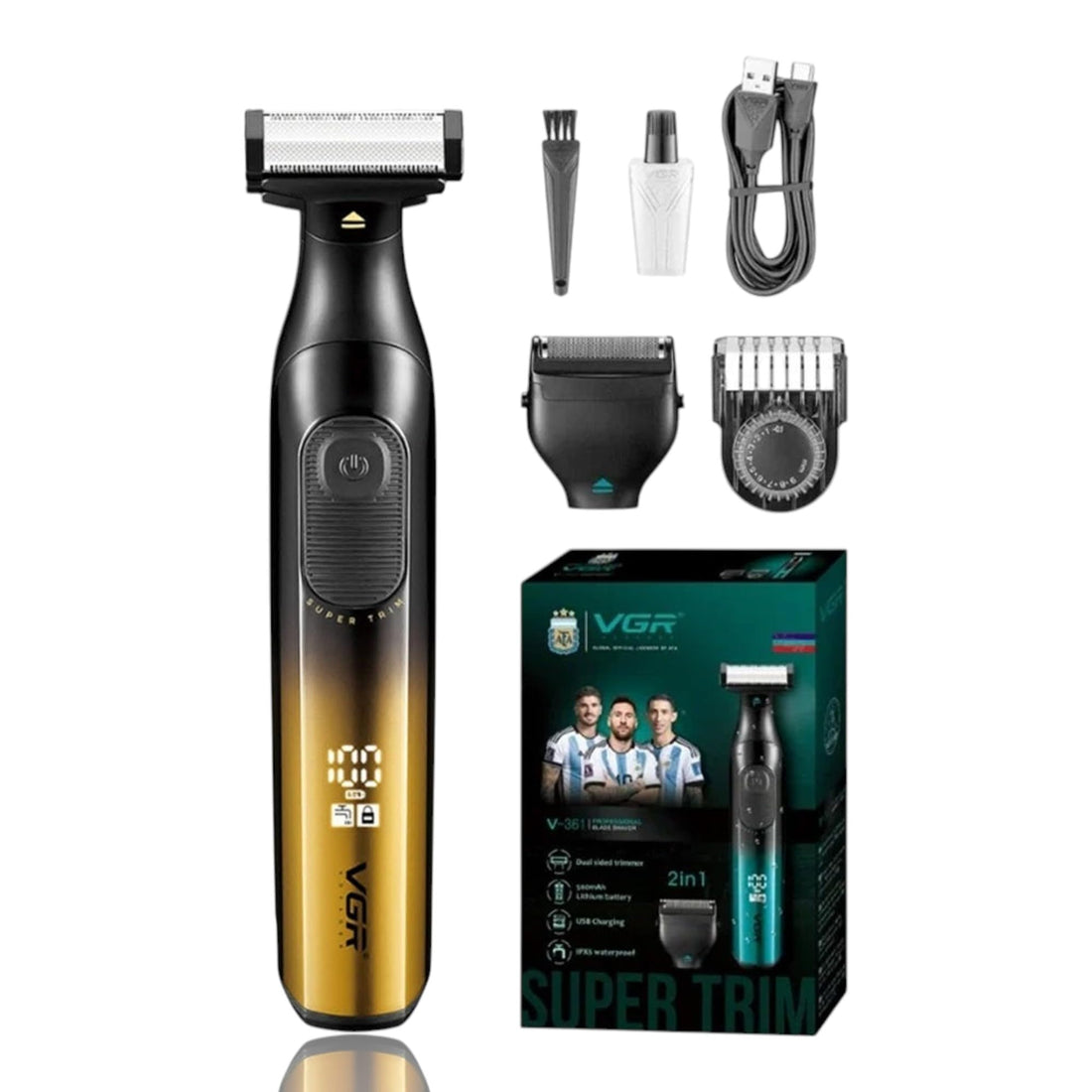VGR Super Trim 2 in 1 Full Body Hair Trimmer and Shaver, V-361, USB Charging, IPX6 Waterproof, LED Display, 500mAh Lithium Battery (Gold)