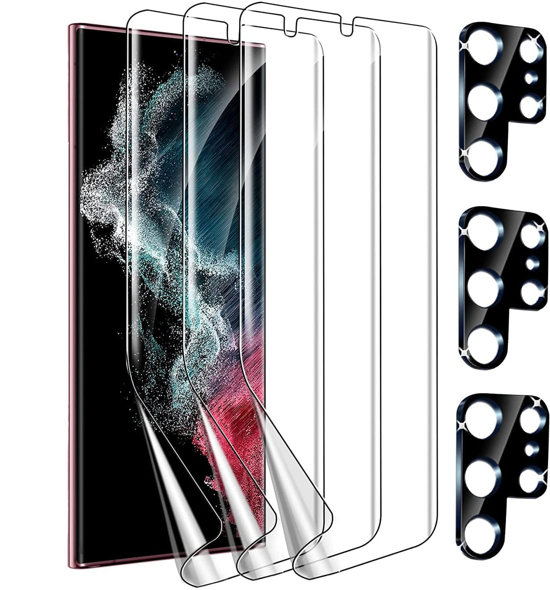 [3+3 Pack] for Samsung Galaxy S22 Ultra 5G Screen Protector [Not Glass], 3Pcs Flexible TPU Film with 3PcsTempered Glass Camera Lens Protector, Fingerprint Compatible