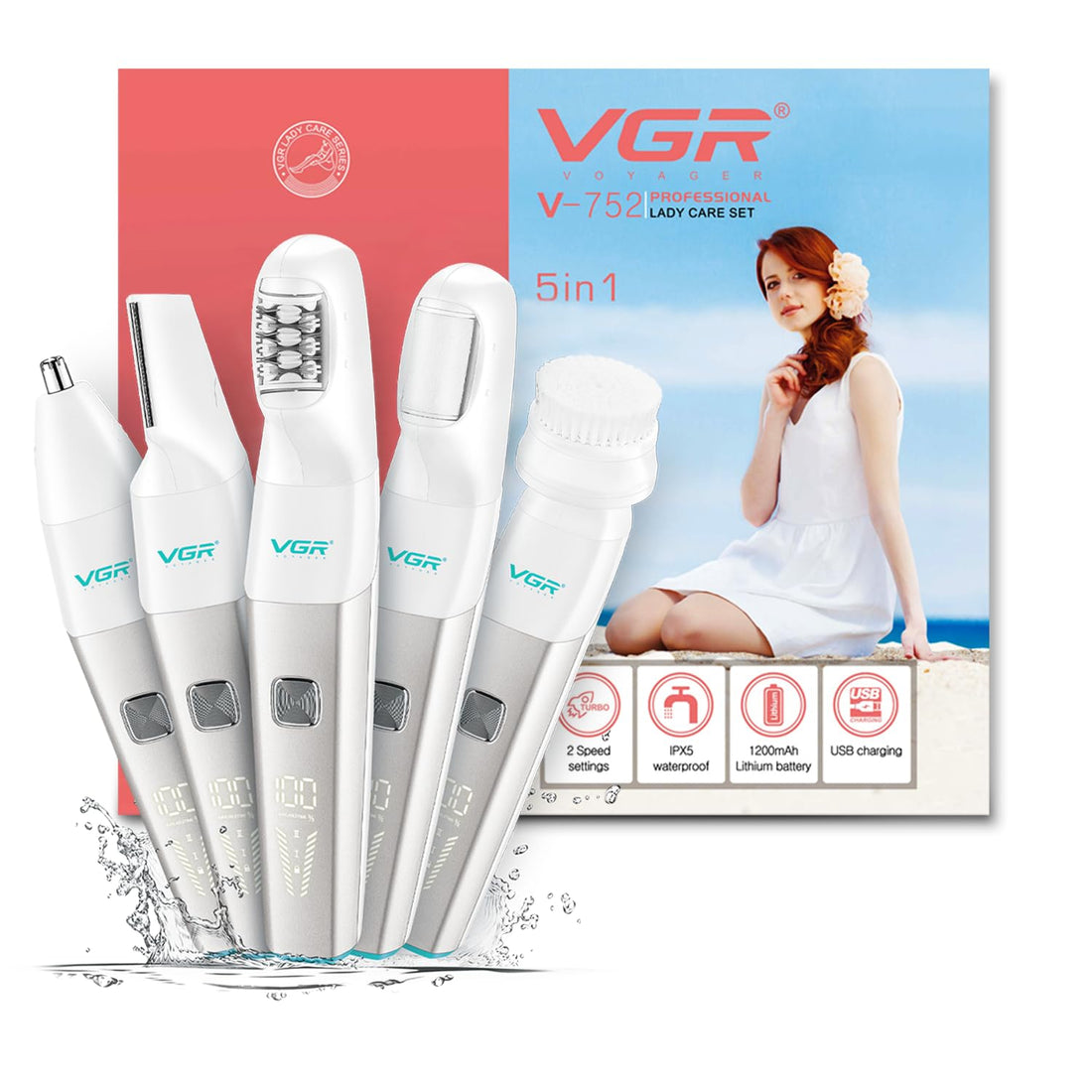 VGR V-752 Professional 5-in-1 Lady Care Kit for Women | Epilator, Callus Remover, Face & Body Trimmer, Nose & Ear Trimmer | USB Rechargeable, Cordless Grooming Kit for Hair Removal & Skincare (Green)