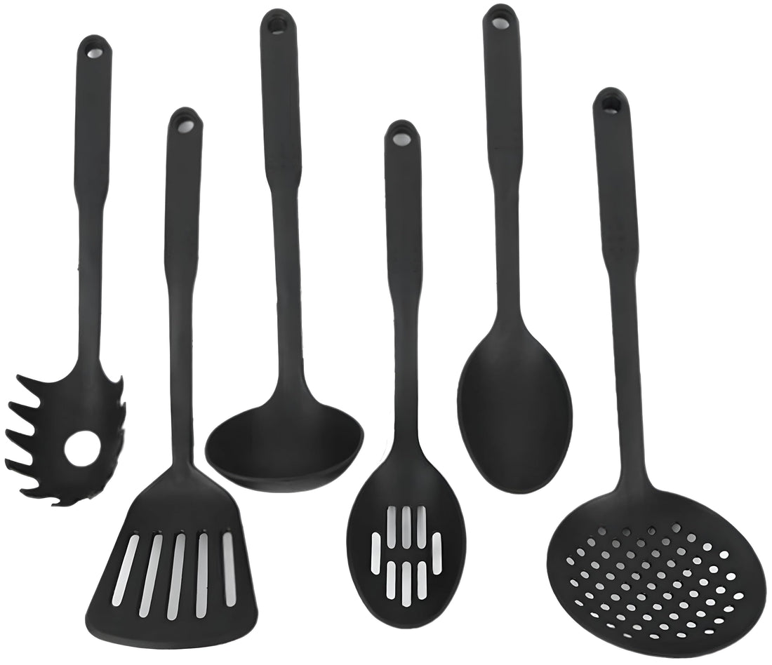 Kitchen Utensils - Enhance your cooking experience with this luxurious 6-piece kitchen tools set made of pure plastic, including a rice spoon, ladle, slotted spoon, flat spatula, and tongs.