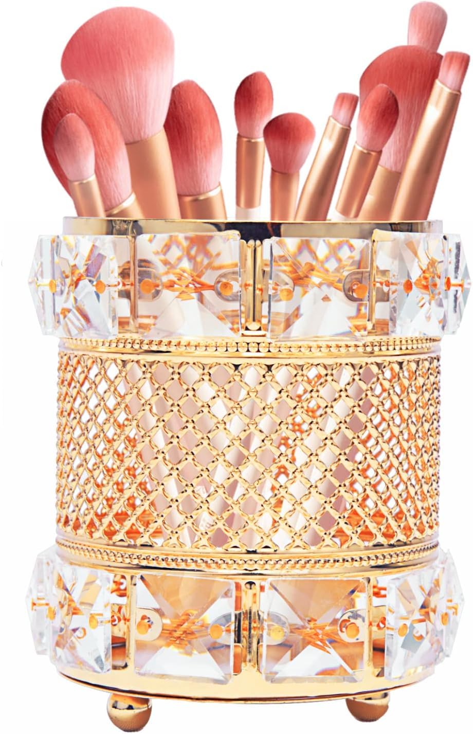 Luxury Crystal Makeup Brush Holder – Gold Metal Vanity Organizer with Clear Crystal Design for Cosmetic Brushes, Beauty Tools, Pen Holder and Desk Accessories