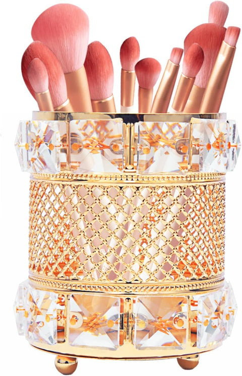 Luxury Crystal Makeup Brush Holder – Gold Metal Vanity Organizer with Clear Crystal Design for Cosmetic Brushes, Beauty Tools, Pen Holder and Desk Accessories