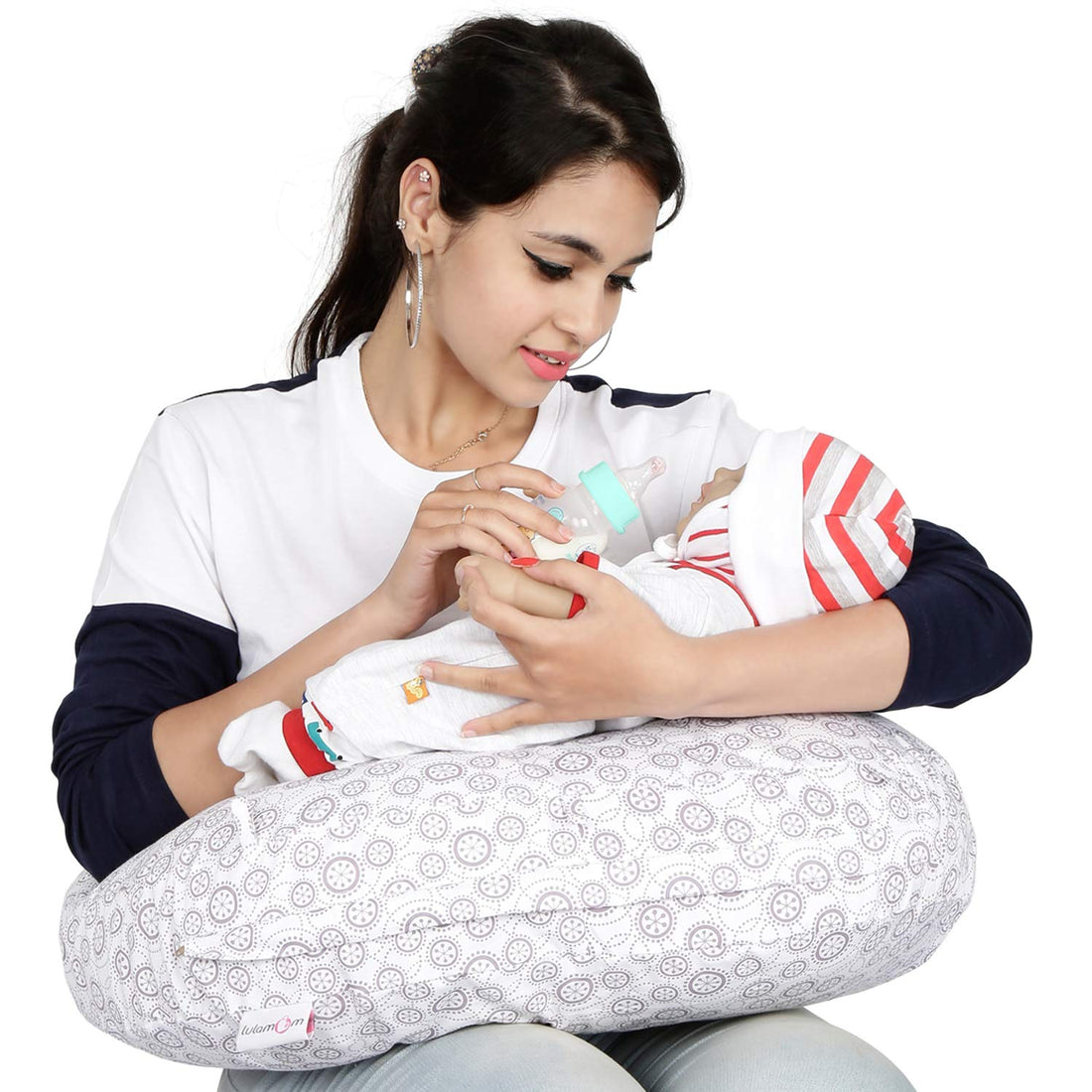 Lula Mom Nursing and Feeding Pillow Multi-Purpose Comfortable Breastfeeding Washable with Removable Cotton Cover (Grey Limecut)
