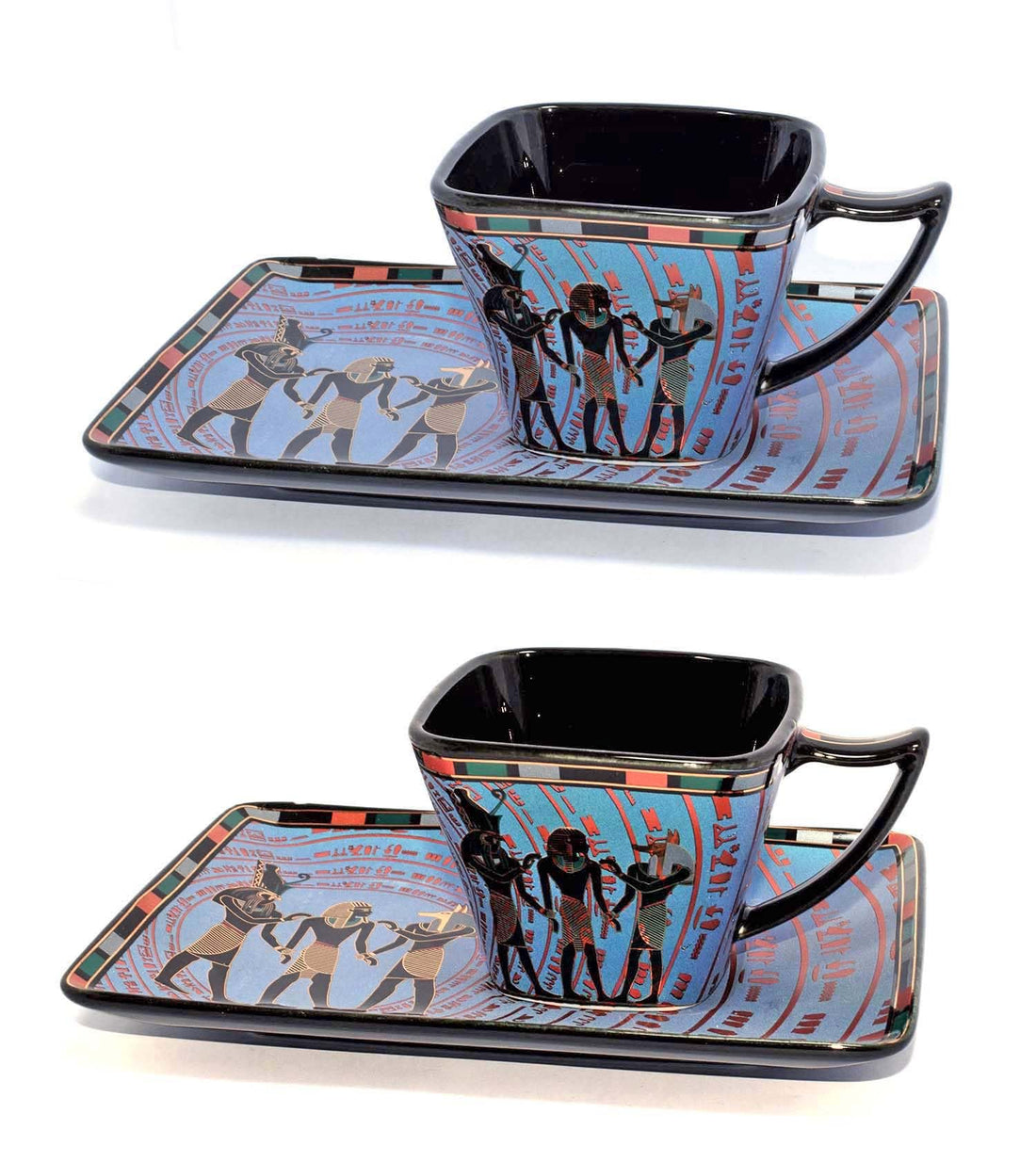 pack of 2 Coffee mug and 2 of it's plate of immatgar pharaonic Coffee mug ancient Egyptian souvenirs gifts for women and men from Egypt - mother day gifts (Anubis - Square - Blue - 75 MM)