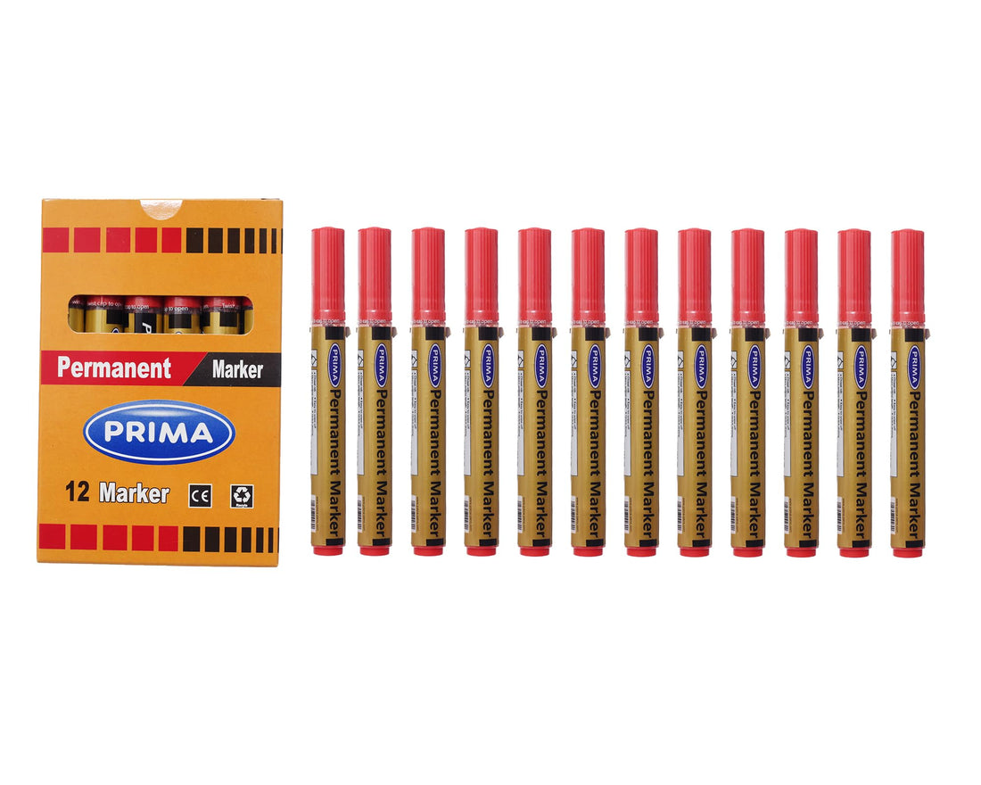 Prima Red Permanent Markers 12 Per Pack Bold, Long-Lasting Marking for Professional and Creative Projects