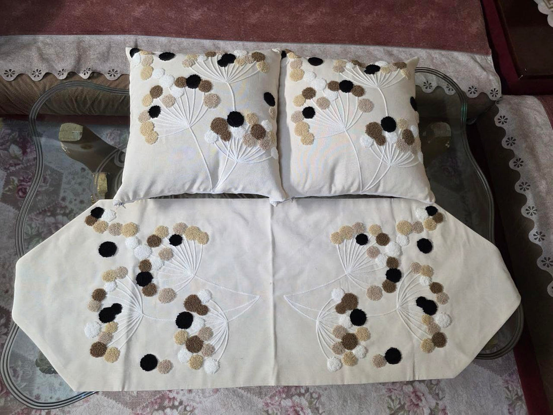 Table Runner and Cushion Set, Natural Beige Linen with Floral Design, 90x45cm Runner, 2 45x45cm Cushions, set of 3(cream) .sr