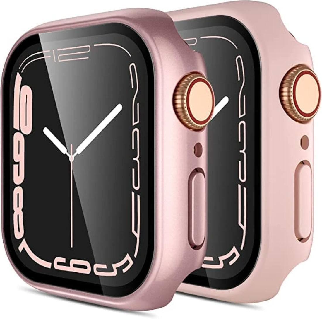2 Pack Compatible with Watch Case 45mm with Screen Protector, Full Coverage Bubble Free Cover Defense Edge for iWatch Series 7, 45mm Pink/Rose Gold
