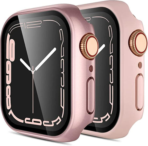 2 Pack Compatible with Watch Case 45mm with Screen Protector, Full Coverage Bubble Free Cover Defense Edge for iWatch Series 7, 45mm Pink/Rose Gold
