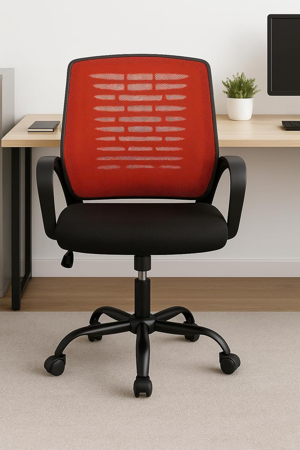 Medium Mesh Office Chair, Red and Black, Multi-Layer Seat with PU Foam