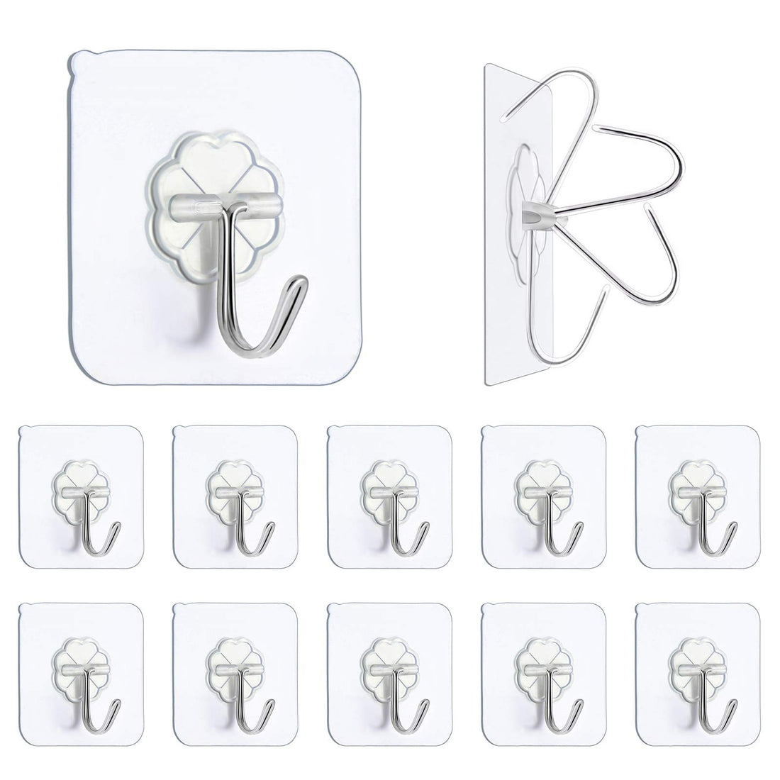 N/Q Premium Adhesive Hooks - Heavy Duty 13lb(Max) Wall Hooks, Transparent Reusable Seamless With Stainless Steel - for Kitchen, Bath, Ceiling, Office, Window - 10 Pack