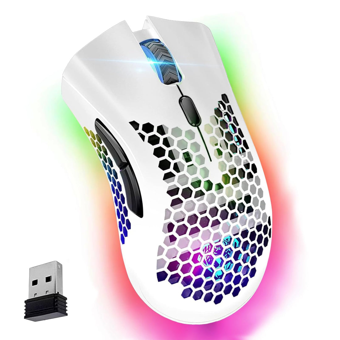 Wireless Gaming Mouse, Silent Click Wireless Rechargeable Mouse with Colorful LED Lights and 3 Level Dpi 400mah Lithium Battery for Laptop and Computer, Gaming Mouses Honeycomb (C23 White)