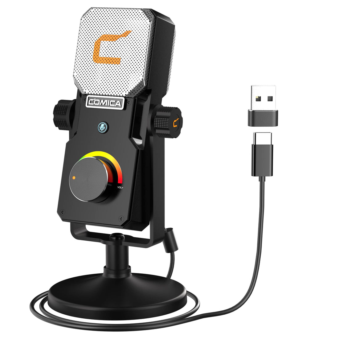 Comica STA-U1 Professional Studio Quality USB Mic with 16mm Condenser Capsule, Cardioid Pickup Pattern, Radiant RGB Light Design, Real-time Audio Monitoring, 360 Rotatable Swing Mount