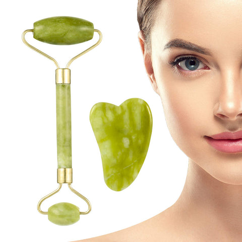 Jade Roller and Gua Sha Sc Kit, Natural Jade Face Roller for Anti-Aging&Wrinkle, Facial Slimming Tools Massage Set for Face Neck & Puffy Eyes