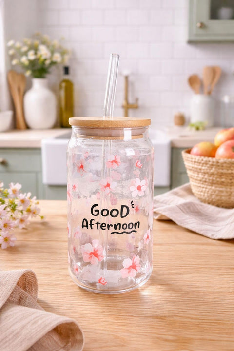 Iced Coffee Cup 1L Stained Glass with Bamboo Lid and Straw - Perfect for Everyday Use, Cold Drinks, Frappuccino, Juices on the Go (Pink)
