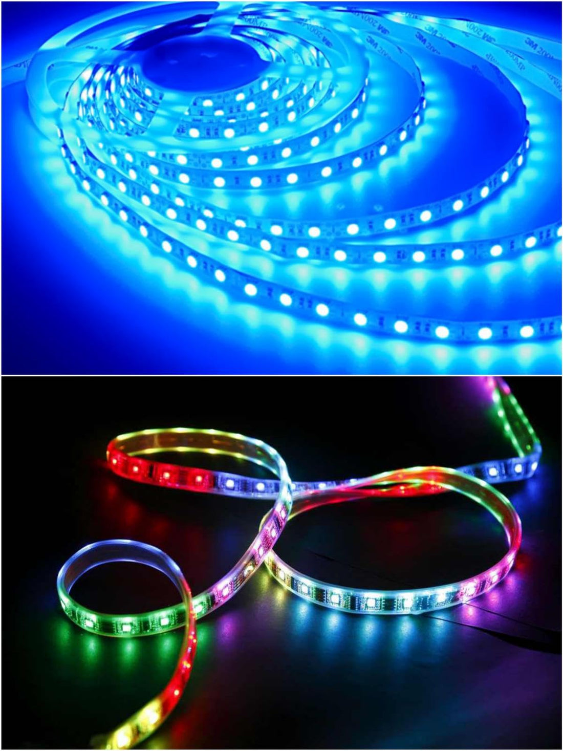 مجموعة إضاءة ليد تتكون من قطعتين شريط اضاءة LED مقاوم للماء مع فيشة كهربائية لكل قطعة و بطول 2 متر و تشمل شريط إضاءة أزرق و شريط إضاءة متعدد أر جي بى بزرار تحكم للإضاءة