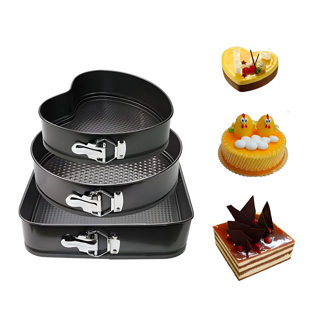 3 Pcs Cake Mold Set Round Square Heart Shape Non-Stick Cake Mold with Quick Release Mechanism, Perfect for Weddings, Birthdays, Christmas Celebrations, Perfect for Baking Delicious Red Velvet Cakes
