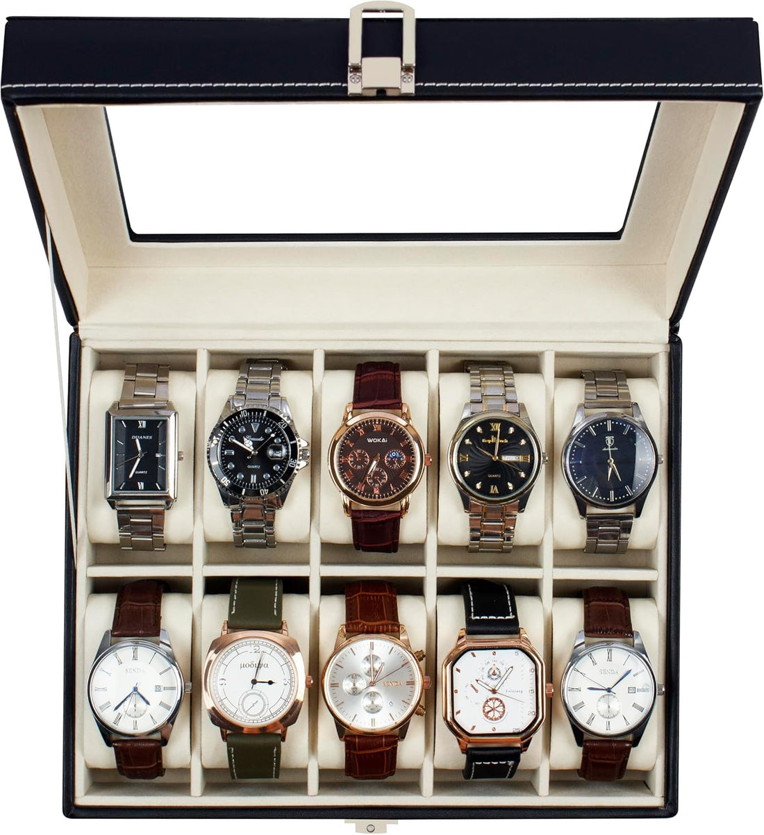 Generic Watch Box, 10 Slots Watch Case with Real Glass Lid, Black Faux Leather, Lock & Key, Classic Design, Men & Women