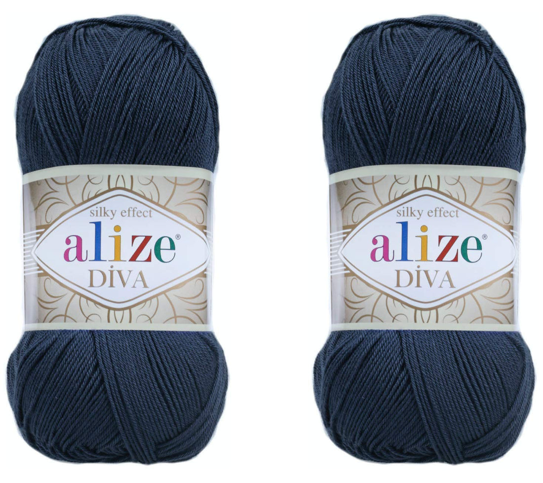 Alize Diva Hand Knitting Yarn - 100% Microfiber Acrylic With Silk Effect - Crochet Art Lace Craft - 2 Skeins, 200gr, 767 Yds (361-Navy)