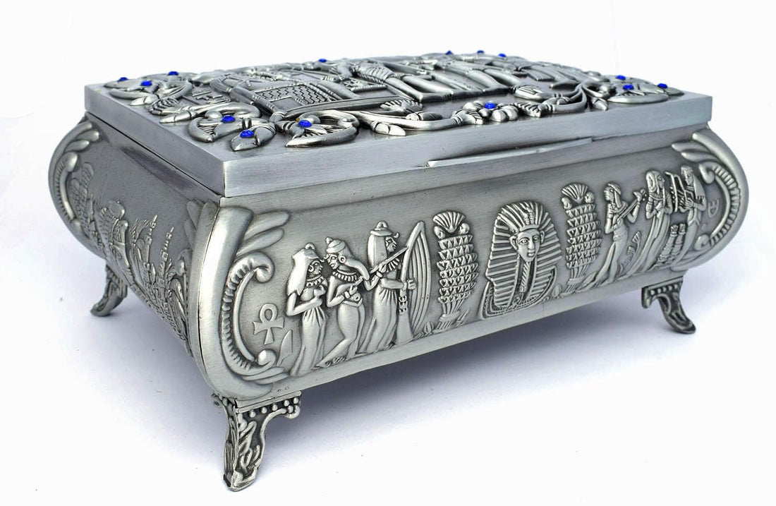 Immatgar Luxury Egyptian Pharaonic Jewelry Box from egypt Souvenir gifts for Women and Girls - Home Décor (Silver - 18 CM Width)