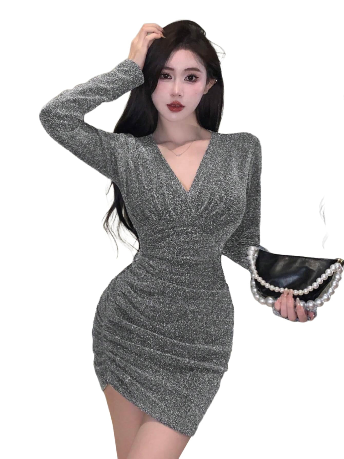 SHEIN Dress Sparkling V-Neck Long Sleeve Ruched Short Cocktail Dress, Grey Elegant Party Prom Dress for Women, Luxury Valentine's Day Outfit