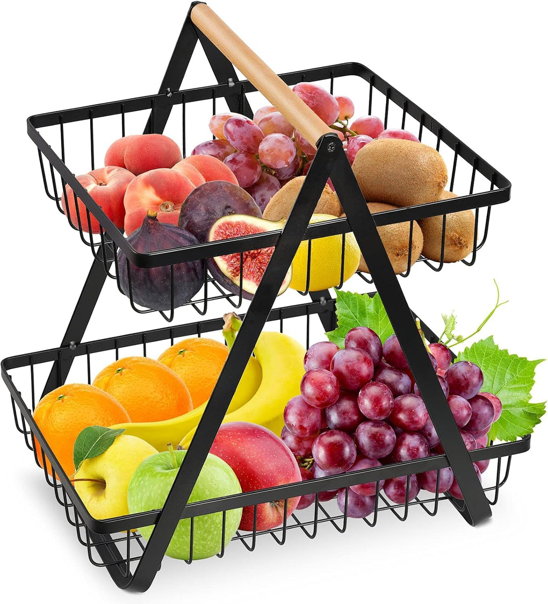 2-Tier Fruit Basket Stand with Wooden Handle, Galvanised Steel, Powder-Coated Finish, Countertop Fruit and Vegetable Storage Rack, Black, 30x20x30 cm