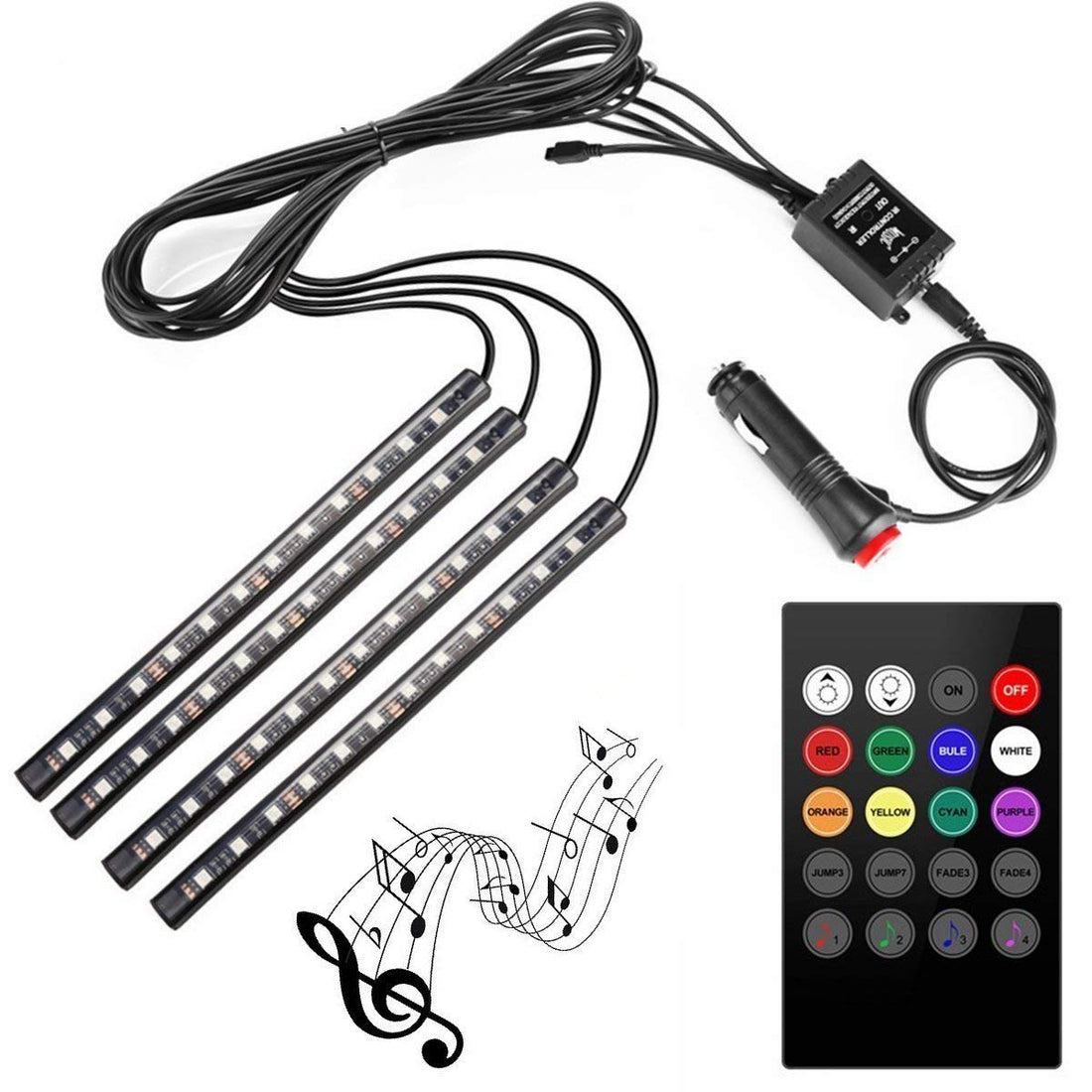 Generic Automaze 4pcs 48 LED DC 12V Multicolour Music Car Strip Atmosphere Lamp Light For Car Interior Under Dash Lighting Kit with Sound Active Function and Wireless Remote Control