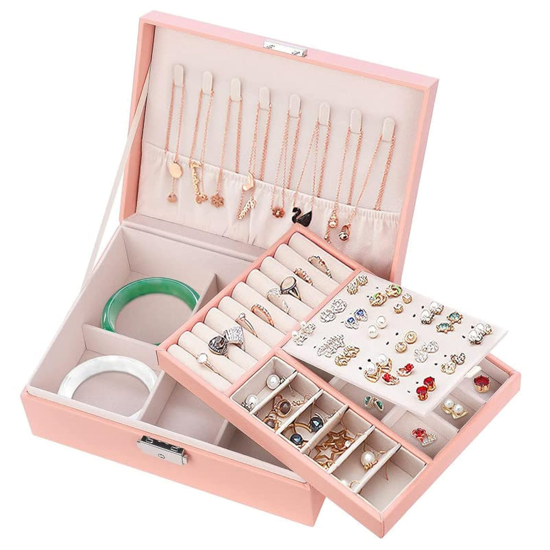 Jewellery Box for Women, Jewellery Boxes 2 layers Jewelry Storage Organiser for Necklace Earrings Bracelets Rings, Large PU Leather Jewelry Storage Case for Girls and Women, Grey