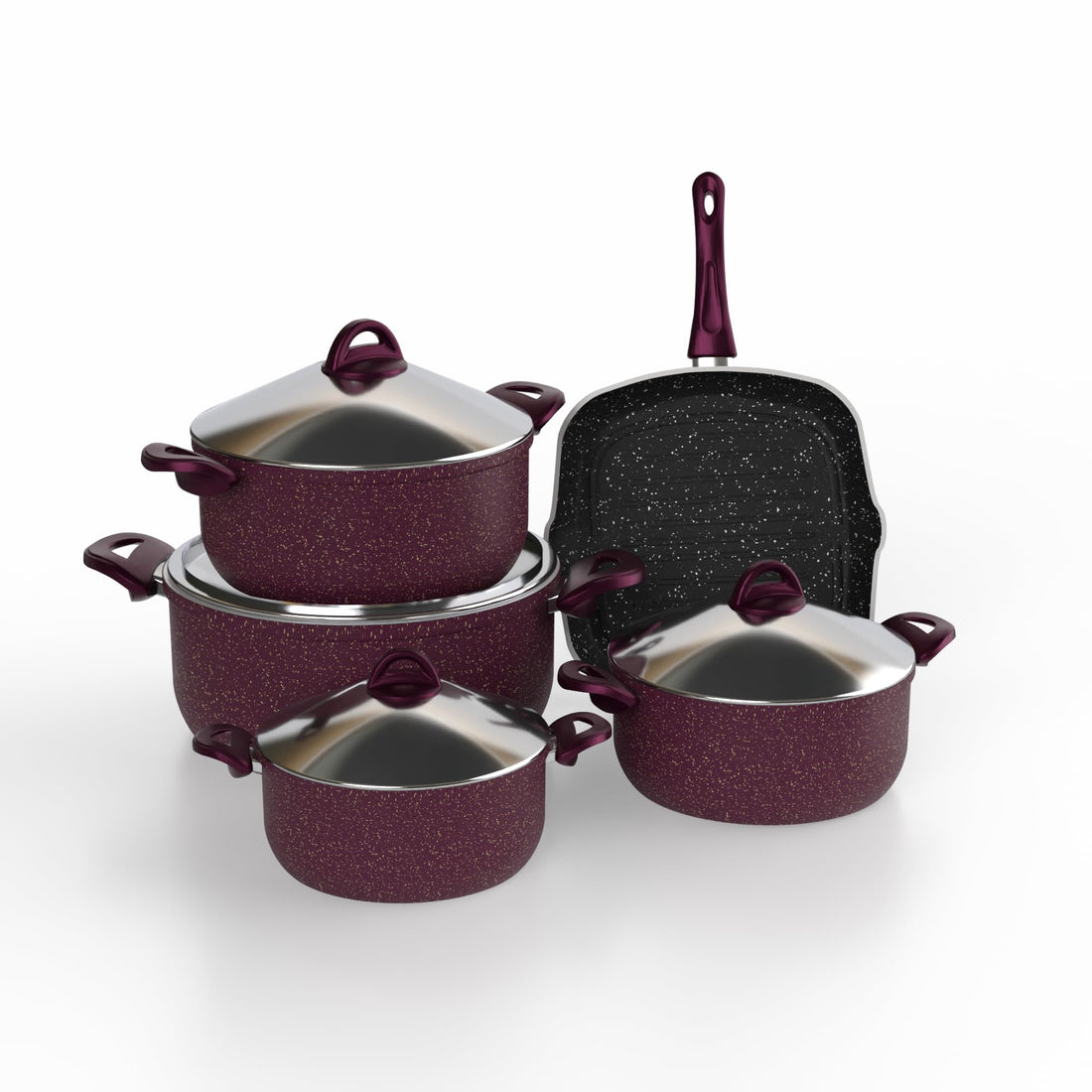 Kaya Itale Granite Cookware 9-Piece Set in Pordo with durable 3 mm bodies for even heat distribution. Premium non-stick granite coating ensures healthy cooking and easy cleaning.