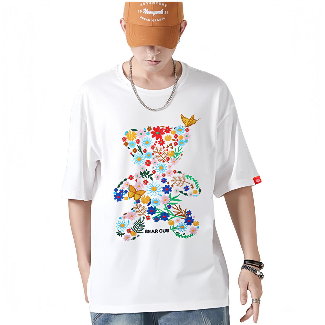 Showday Floral Print Cotton T-Shirt, Short Sleeve, Bear Embroidery Summer new Korean version of pure cotton flower sea bear embroidery half sleeve couple wear loose male trend