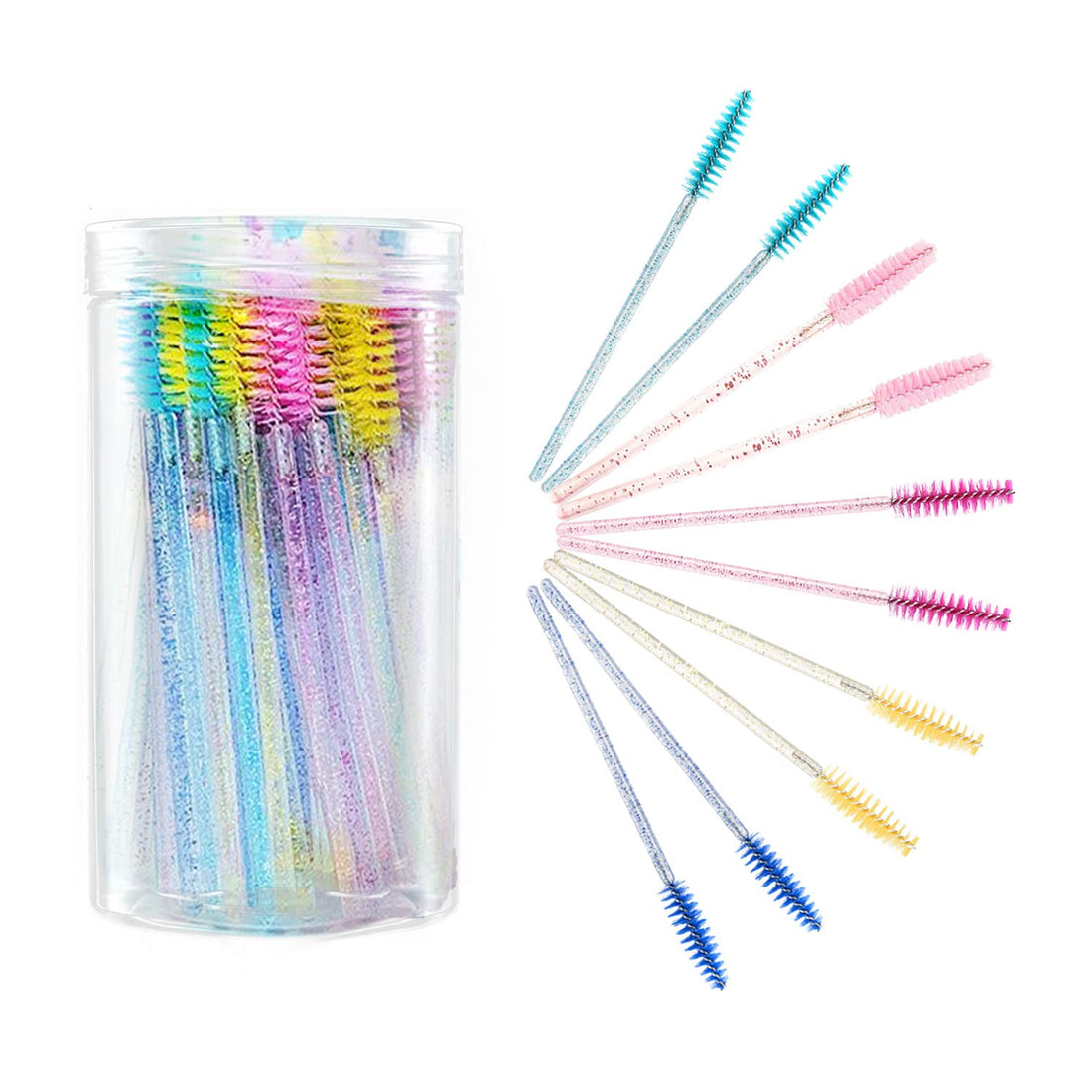 100PCS Disposable Eyelash Brush, Mascara Wands Crystal Makeup Spoolie Brushes Applicators for Eyelash Extensions and Eyebrow Brush with Container (Crystal Multicolor)