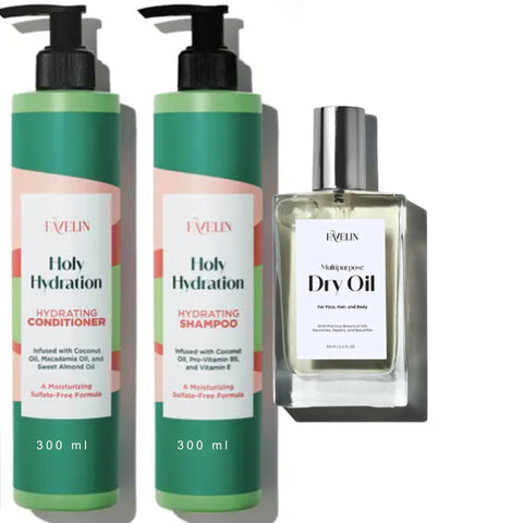 Favelin Holly Hydration Set Shampoo (300 ml ) and Conditioner (300ml) & Dry Oil (50 ml) Long-Lasting Hydration & Deeply Cleanses -Repair & Soften Skin & Hair