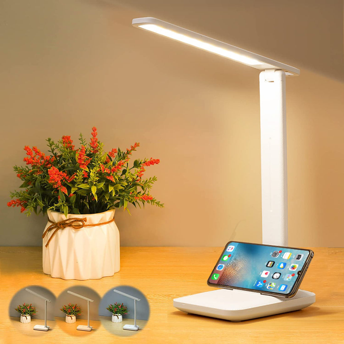 VINNYSEN Desk Lamp, Portable LED Table Lamp with USB Charging Port, Folding Eye-Caring Desk Lamp 3 Color Modes Stepless Dimming, Multifunction Table Touch Control Desk Lamps (Single-head)