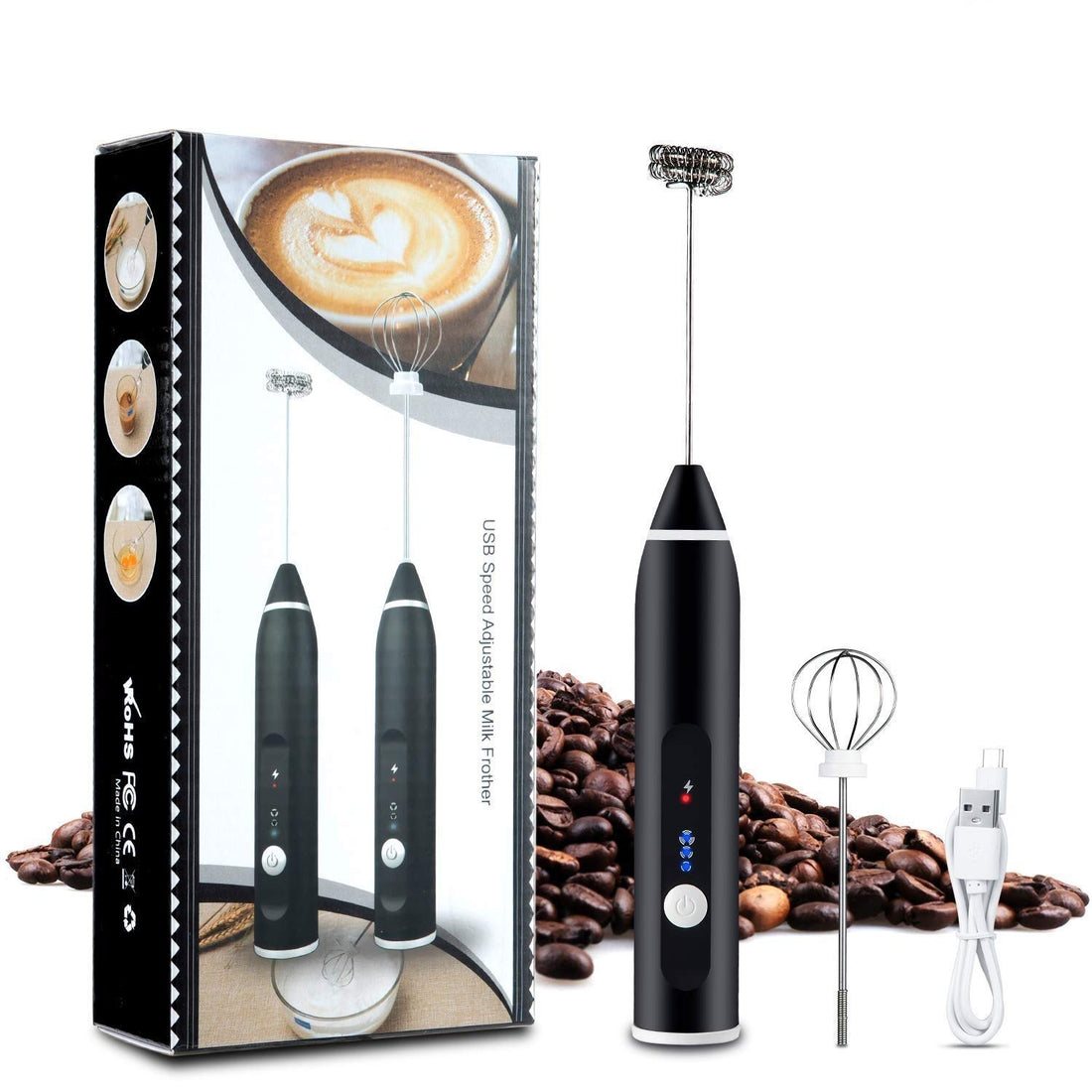 Milk frother rechargeable handheld 3-speed adjustable for latte coffee cappuccino with extra egg mixer