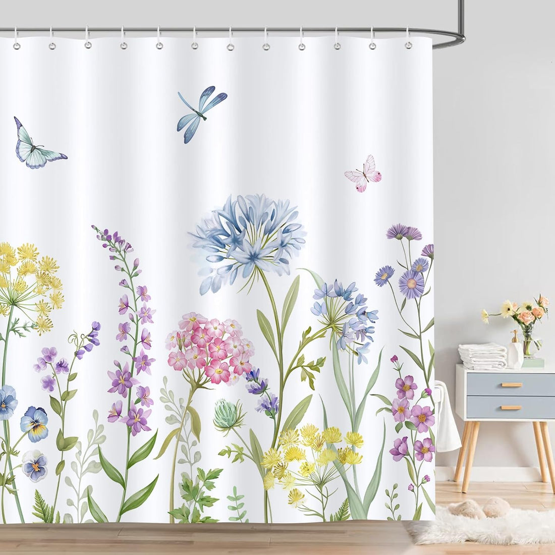 Spring Floral Shower Curtain Yellow Blue Flower Green Leaves Butterfly Decorative Bath Curtain 56 x 72 Inch