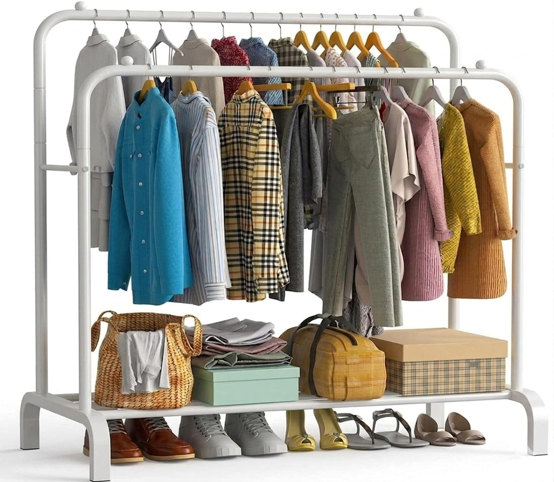 Double Full Metal Clothes Stand - Load up to 45kg - Floor Clothes Hanger with Bottom Shoe Rack (White)