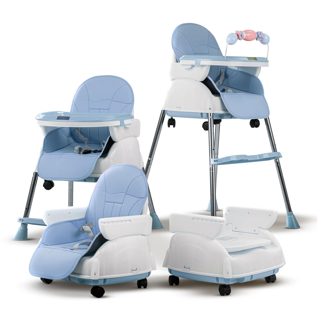 Baybee 4 in 1 Nora Convertible High Chair for Kids with Adjustable Height and Footrest, Baby Toddler Feeding Booster Seat with Tray, Wheels, Safety Belt and Cushion For 6 Months to 4 Years (Blue)