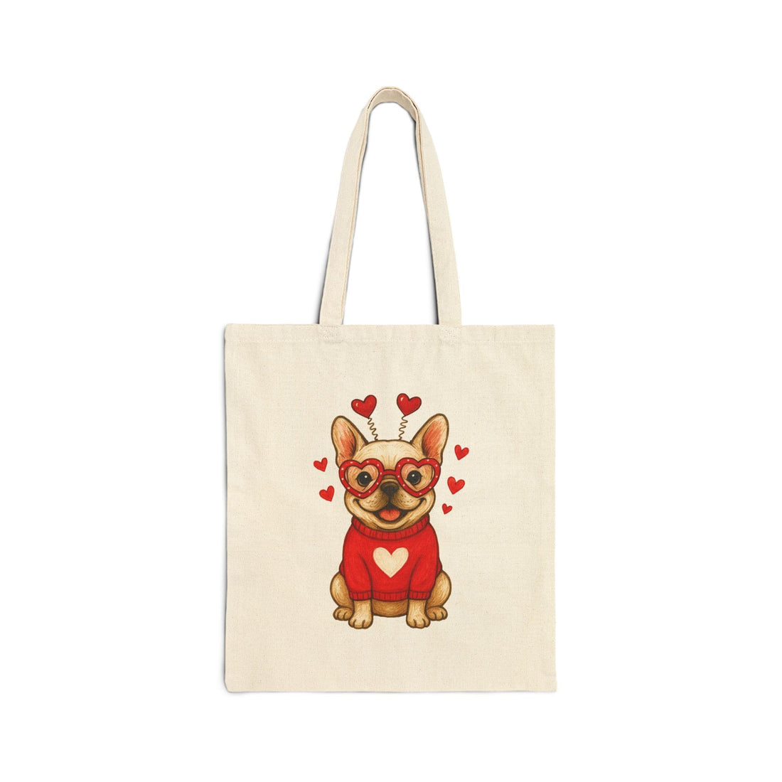 Tote Bag - French Bulldog with Red Vest and Heart Glasses - Cute Cotton Shoulder Bag for Valentine's Day Gifts, Cream White Durable and Fashionable.