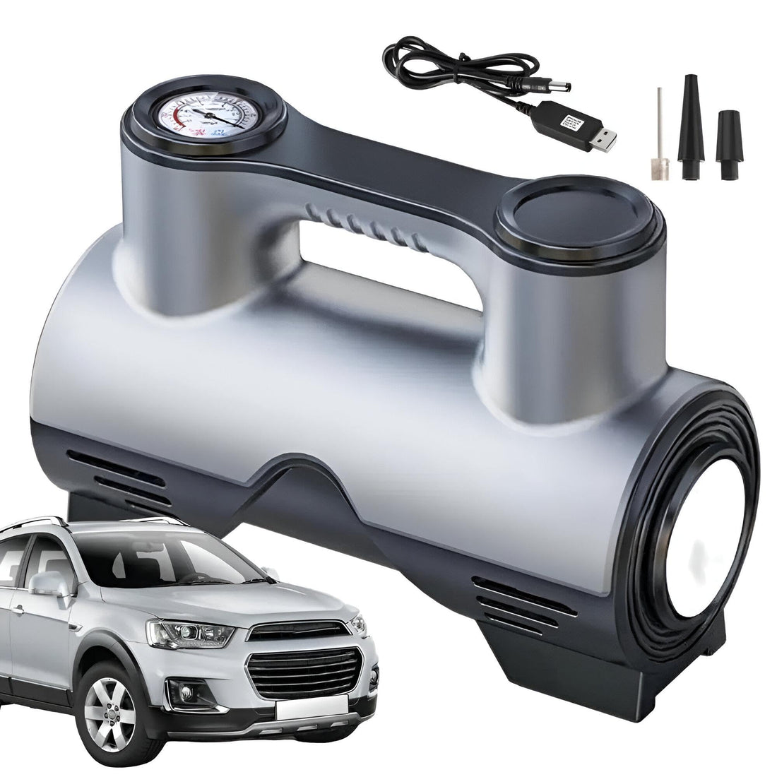 Tire Inflator - Compact Design with Built-in Emergency Light for Vehicles, Motorcycles, 12V, 120W Socket, Pressure Gauge up to 150 PSI, Comes with 3 Meter Cord