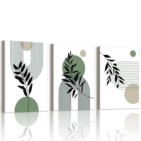3 Panels Boho Botanical Plants Canvas Wall Art Prints Framed Pictures Beige Green Abstract Geometric Line Painting on Canvas Living Room Bedroom Home Wall Decor Ready to Hang 30x40 cmx3(90x40 cm)