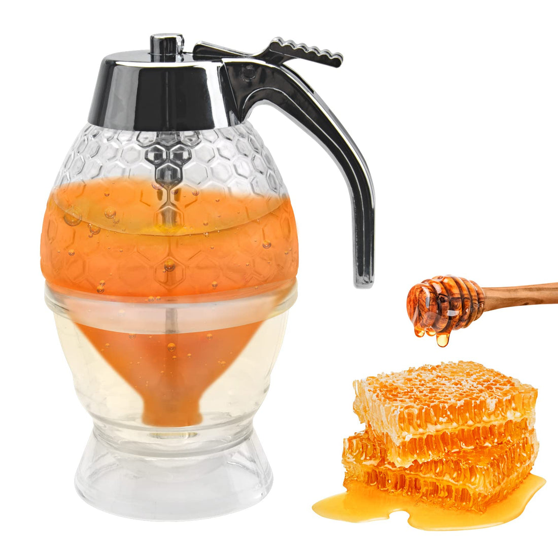 VOSSOT Honey Pots, Acrylic Honey Dispenser, Honey Syrup Container, Syrup Dispenser, Honey Container with Stand for Serving Honey and Syrup, Without Drops (200 ml)