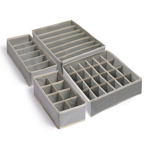 YOULEY 4-Piece Foldable Drawer Organiser, Grey Fabric Dividers for Socks, Bras, Scarves & Ties, 24+6+8+7 Cells, Space Saving, Sturdy, Portable