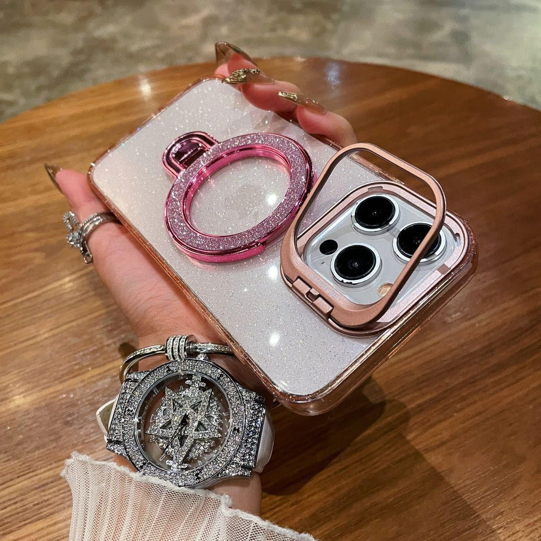 Glitter Liquid Kickstand Case for iPhone 16 Pro max,Cute Luxury Bling Sparkle with Camera stand Flowing Ring Stand Plating Bumper Shockproof Women Girls Cover for iPhone 16 pro max (Shiny Pink)