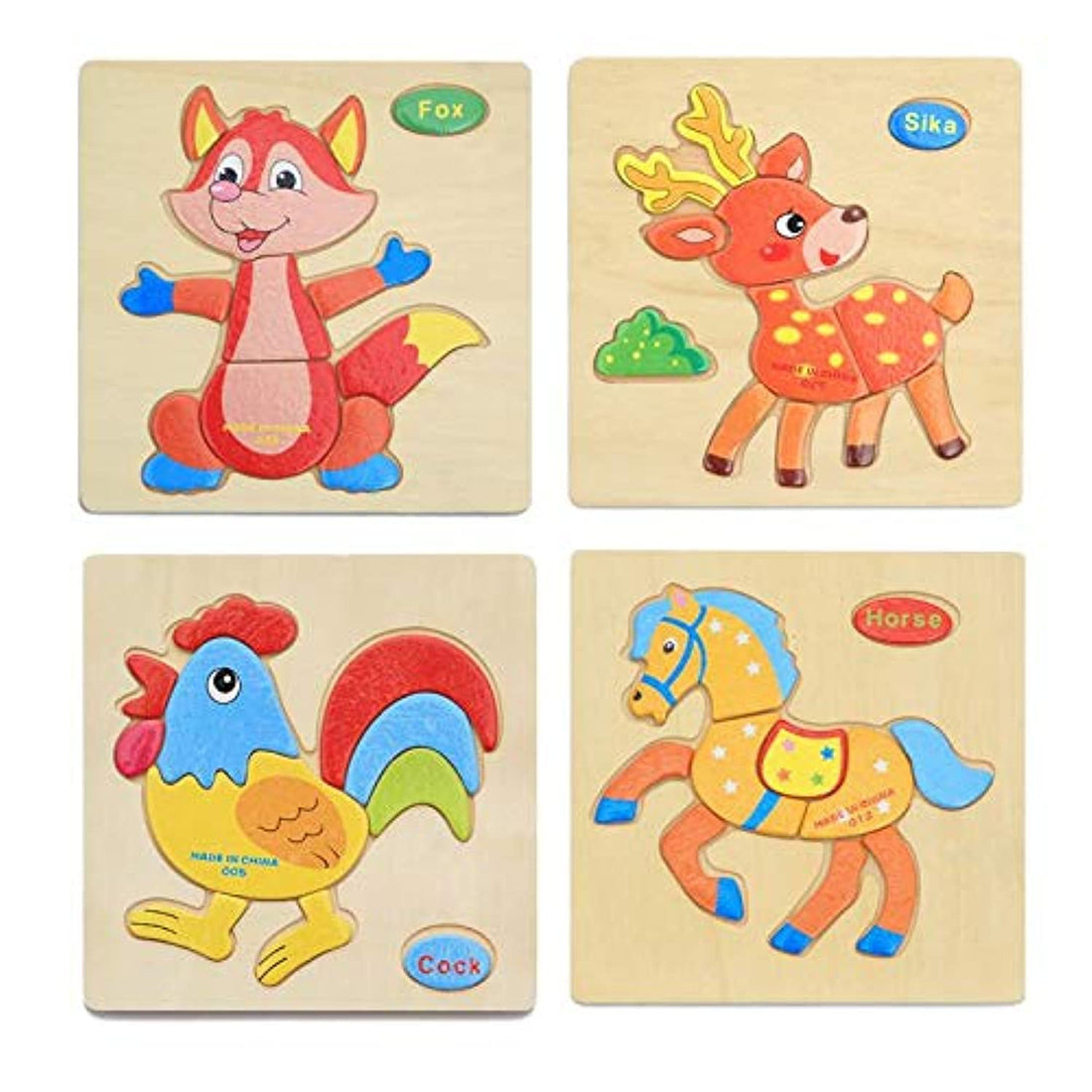 3D Wooden Jigsaw Puzzles Kids Cartoon Animal Puzzles Educational Toys Set of 4 - Fox Sika Cock Horse